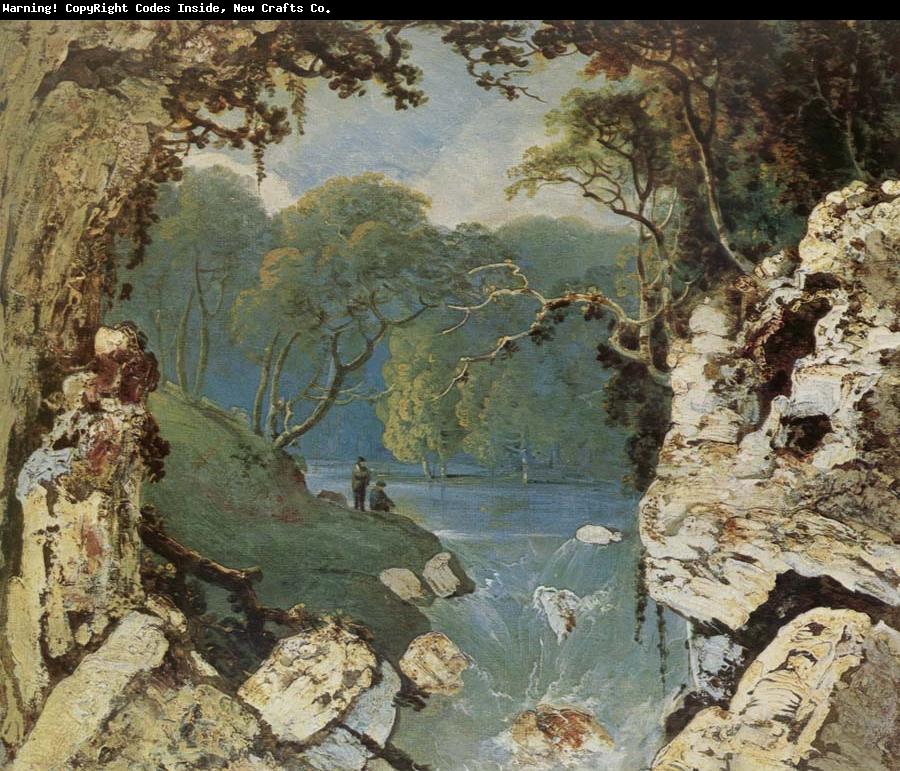 William Hodges Wooded river landscape with a waterfall